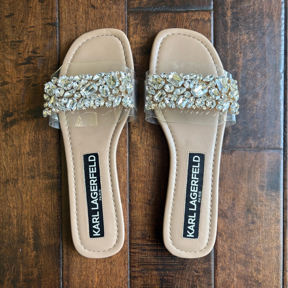 Karl Lagerfeld Mysha Crystal Embellished Flat Slide Sandal in Latte
